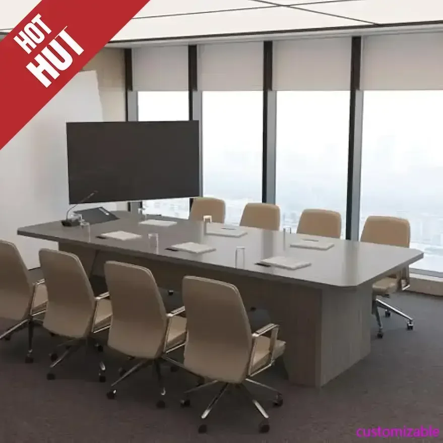 

Конференц-стол шириной 118,1 дюйма для 10-12 человек, современный универсальный деревянный стол для семинаров и совещаний для конференц-залов, переговорных комнат и офисов, серый