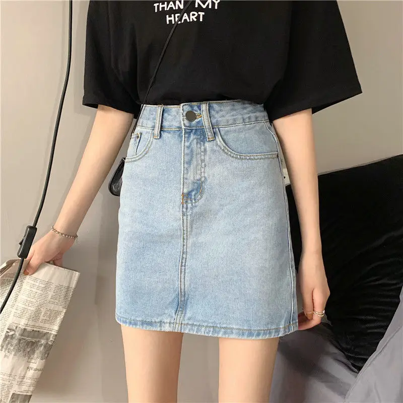 Korean Version of Thin Casual Half Body Denim Short Skirt, Women's Summer Fashion Slim-fit High-waisted A-line Half Body Skirt