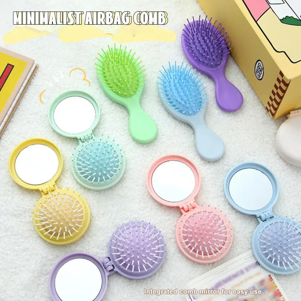 Massage Comb for Hair Portable Folding Comb with Mirror for Tangle-free Hair Cute Candy Color Air Cushion Comb Gentle for Ladies