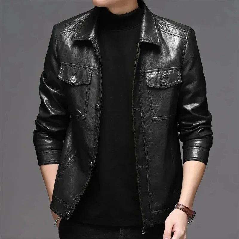 Spring Autumn Winter Genuine Leather Jacket For Men Lapel Slim Fit Korean Youth Handsome Short Soft Sheepskin Coat