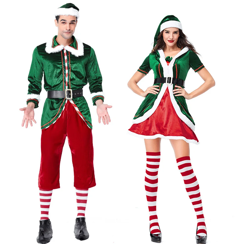 Set Cosplay di elfo di natale verde per uomo e donna vestiti di natale a maniche lunghe vestito di babbo natale Set di abiti da festa di natale fantasia