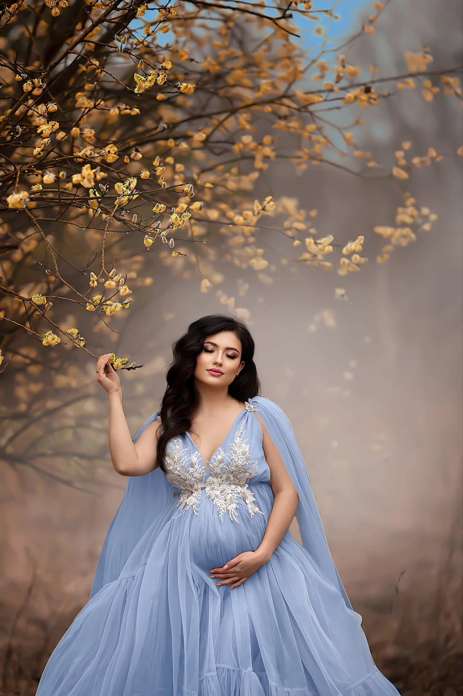 Dusty Blue Maternity Dress for Photoshoot Pregnant Women Photography Dresses Appliqued Beads Baby Shower Gowns