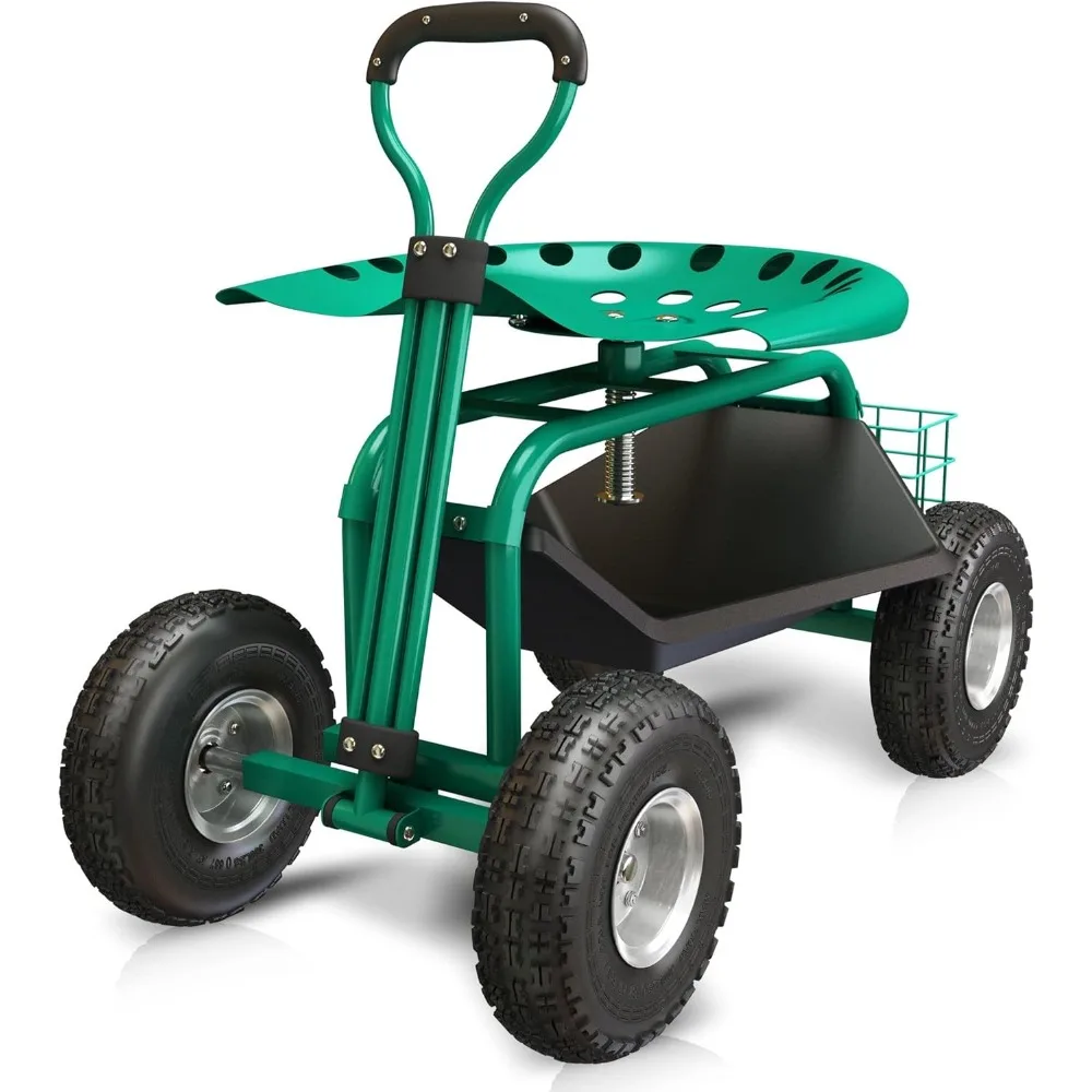 

garden cart with seat - basket, waterproof cover included ,360degree rotation, height adjustable swivel chair.