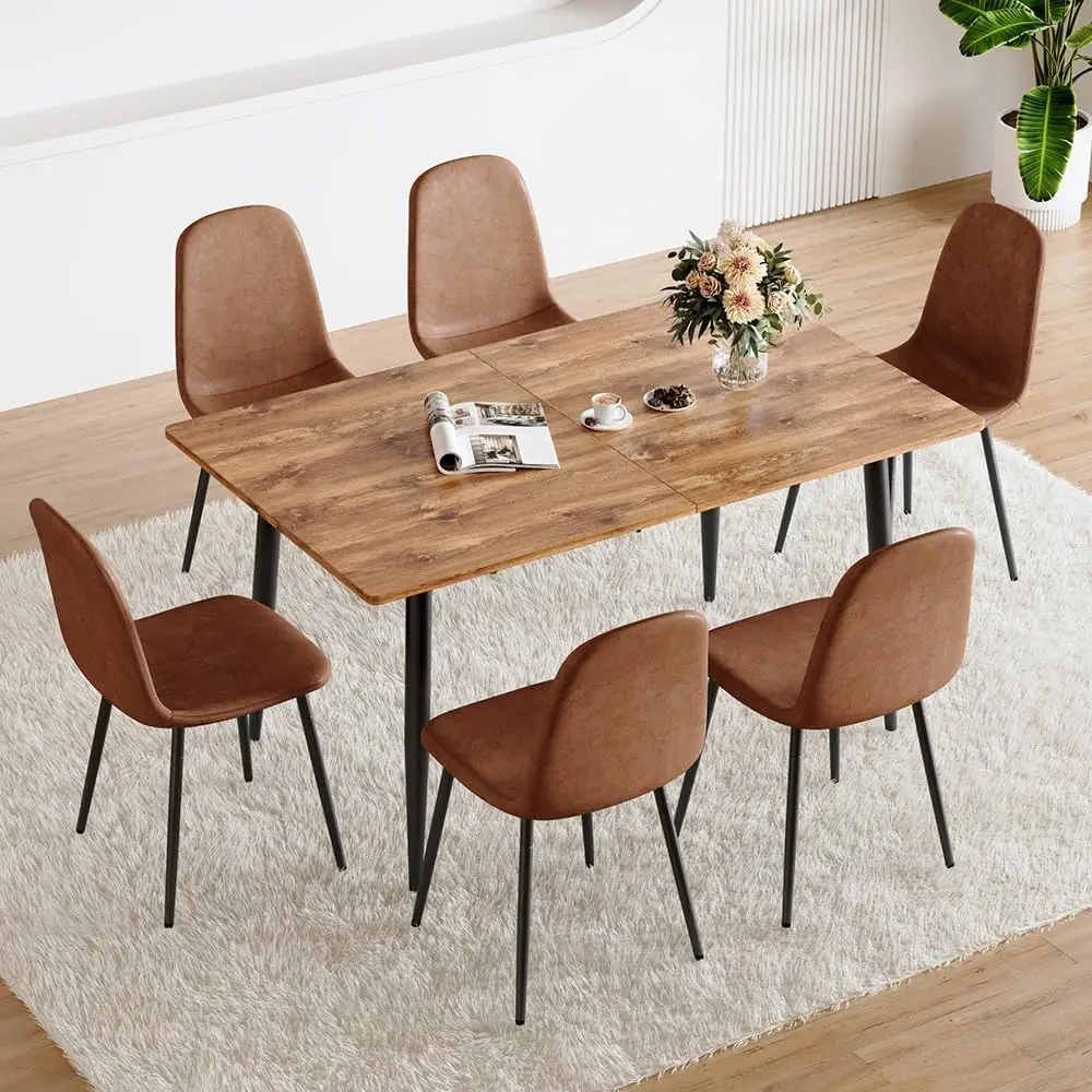 

59"-75" Extendable Dining Room Table Set With 6 Upholstered Chairs, Wood Kitchen Table Chairs Set For Living Room, Apartment