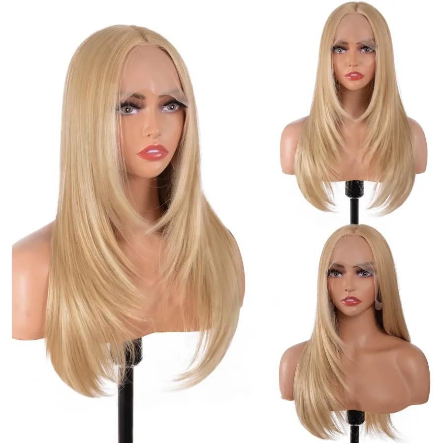 26 Zoll lange blonde synthetische Lace-Front-Perücke für Frauen mit geradem, geschichtetem Stil und HD-Spitze, vorgezupftem Haaransatz, mittlerer Par