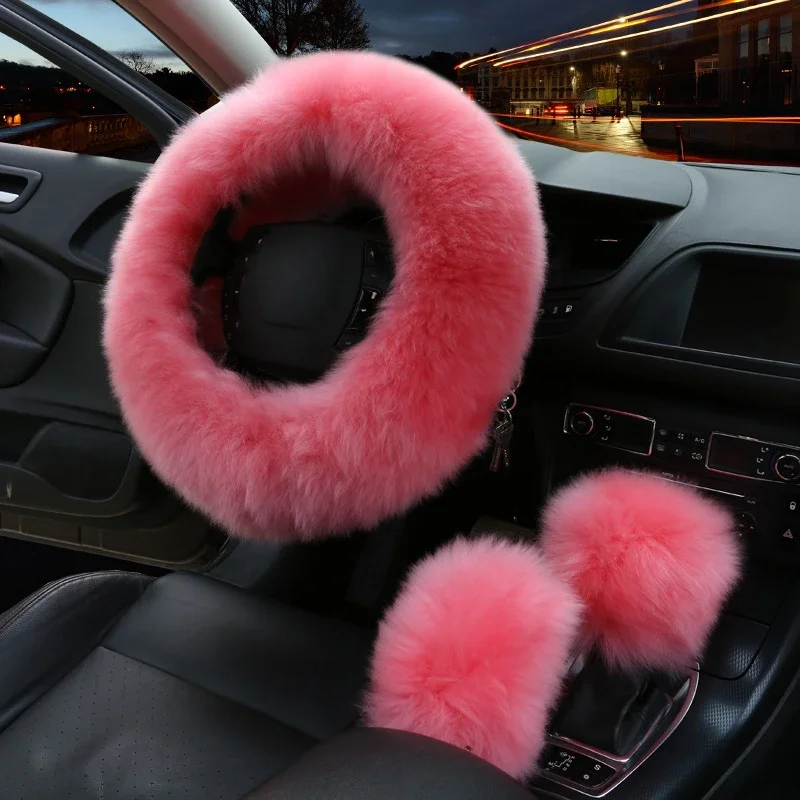 3PCS Fur Wool Steering Wheel Cover Set Winter Real Sheepskin Plush Warm Fluffy Fuzzy Car High Quality AU Wool for Women Girl