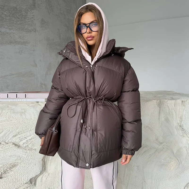European and American Cotton Jacket Women's Winter 2025 New Fashionable Solid Color Hooded Lace Up Coat Female Clothing