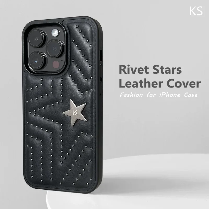 

Роскошный кожаный чехол Rivet Stars для iPhone, Противоударная задняя крышка в стиле панк, нескользящая, 11, 12, 13, 14 Plus, 15 Pro Max, мода