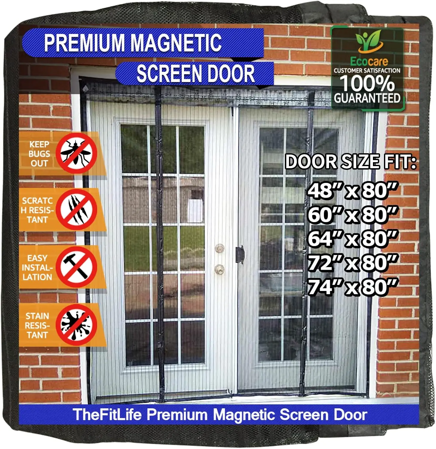 

Double Door Magnetic Screen - Mesh Curtain with Full Frame Hook & Loop Powerful Magnets, Snap Shut Automatically for Patio, S