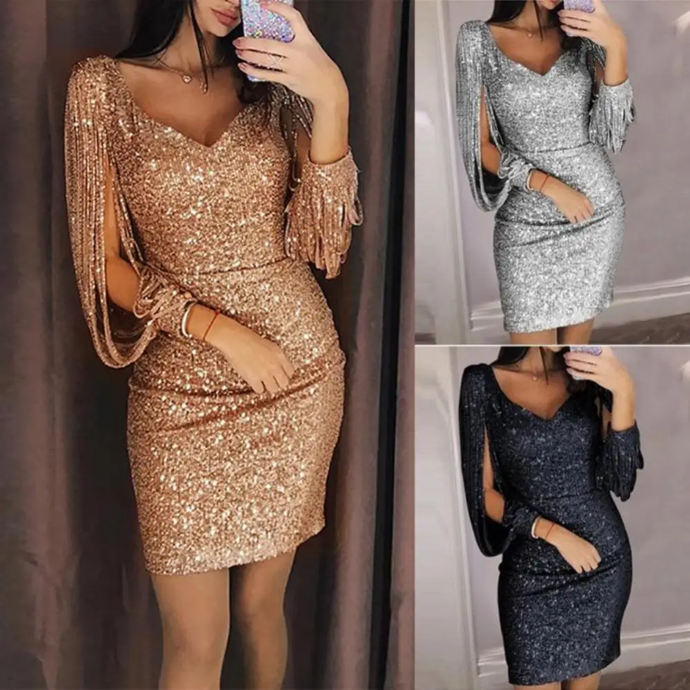 

Women Party Dress Glitter V Neck Hollow Out Tassel Long Sleeve Bodycon Dress Mini Gown Dress