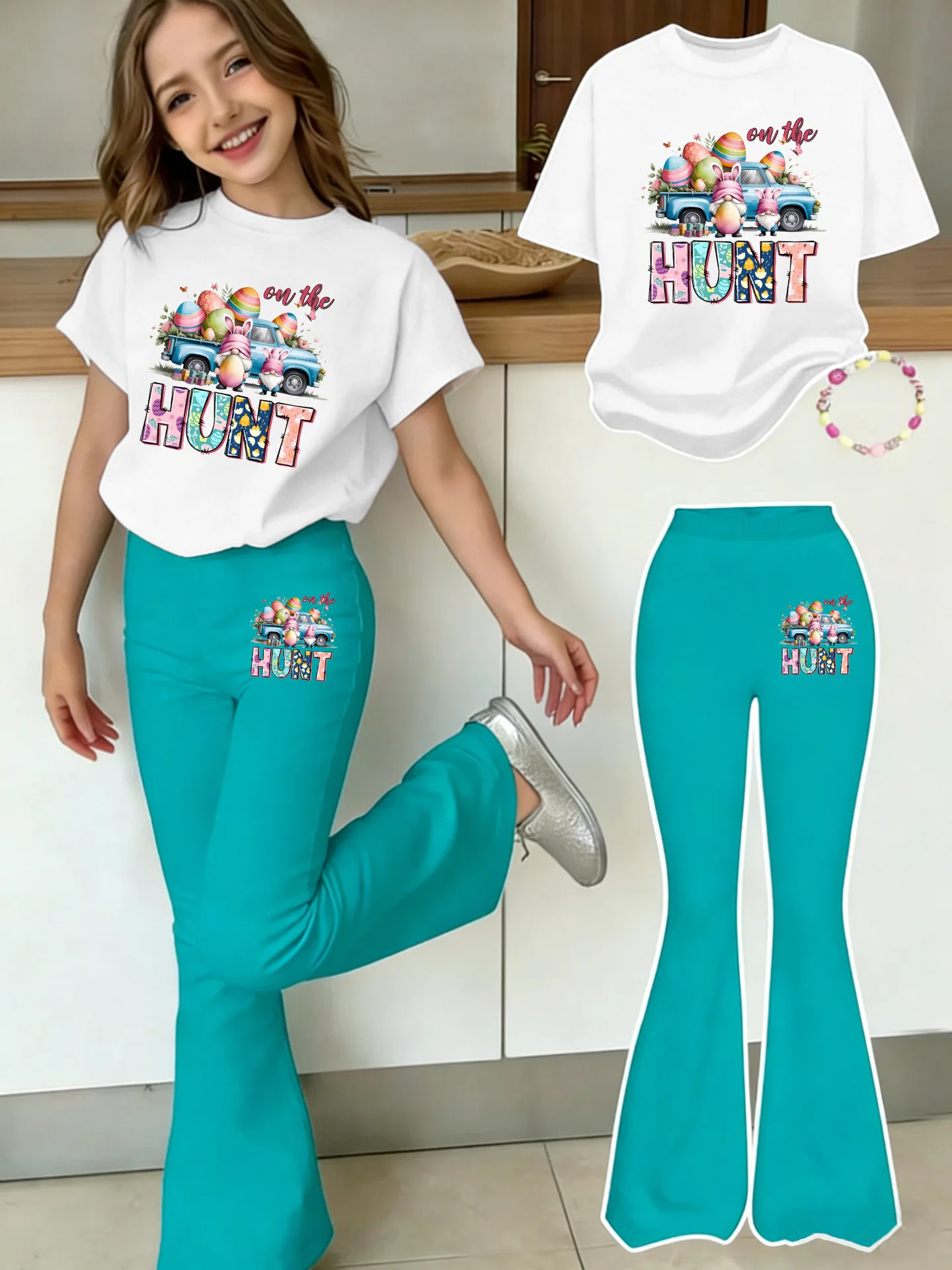 Sommer- und Herbst-Freizeitoutfit für Mädchen: Zweiteiliges Set mit Rundhals-Kurzarm-Oberteil und ausgestellter Hose, geeignet für 4-12-Jährige, vielseitige Kleidung für Zuhause und Ausflüge. – Detail 1