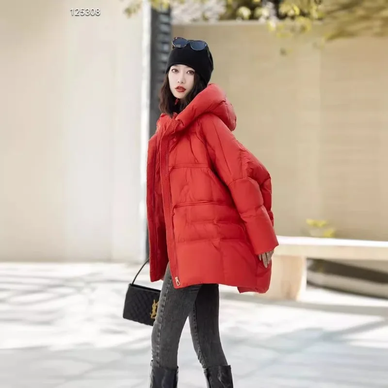 婦人服ダウンジャケットダックダウン新スタイル厚みのあるミッドレングス韓国スタイルルーズフィットフード付きプラスサイズファッショナブル