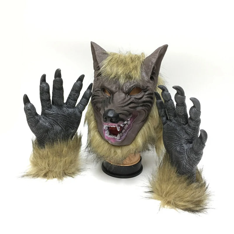 2023 Cosplay silicone Wolf Head Hair Mask Gloves, Unisex Novelty Animal Full Mask Halloween Role Play Fancy Dress Party Costume