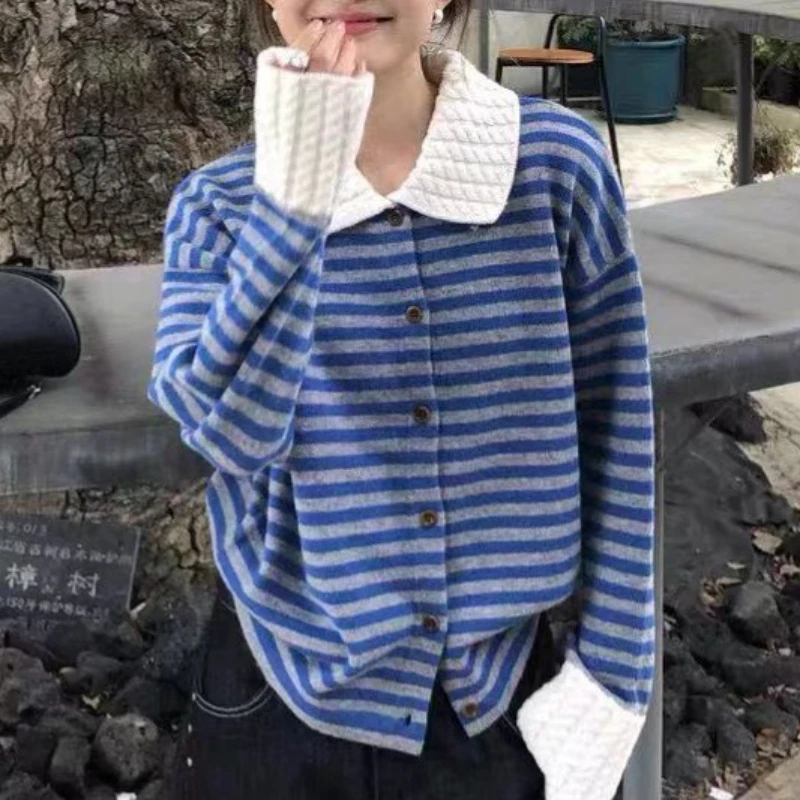 

GraceHer Korean Style Color Block Striped Sweater Coat Women 2025 Autumn Winter New Loose Knit Cardigan Women's Clothing