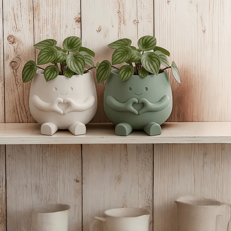 Cute Heart Hand Character Plant Pot, Smiling Face Resin Planter with Feet, Creative Desktop Succulent Flower Pot, Indoor Home