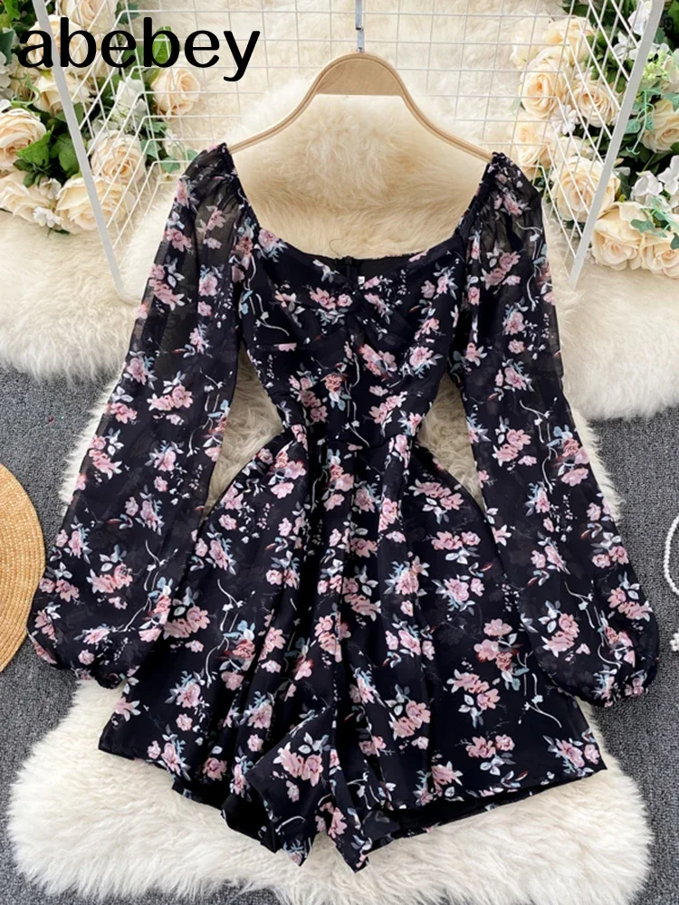 Korean Floral Jumpsuit Women Ruched V Neck Puff Sleeve Office Rompers Autumn Boho Print Holiday Wide Leg Short Rompers