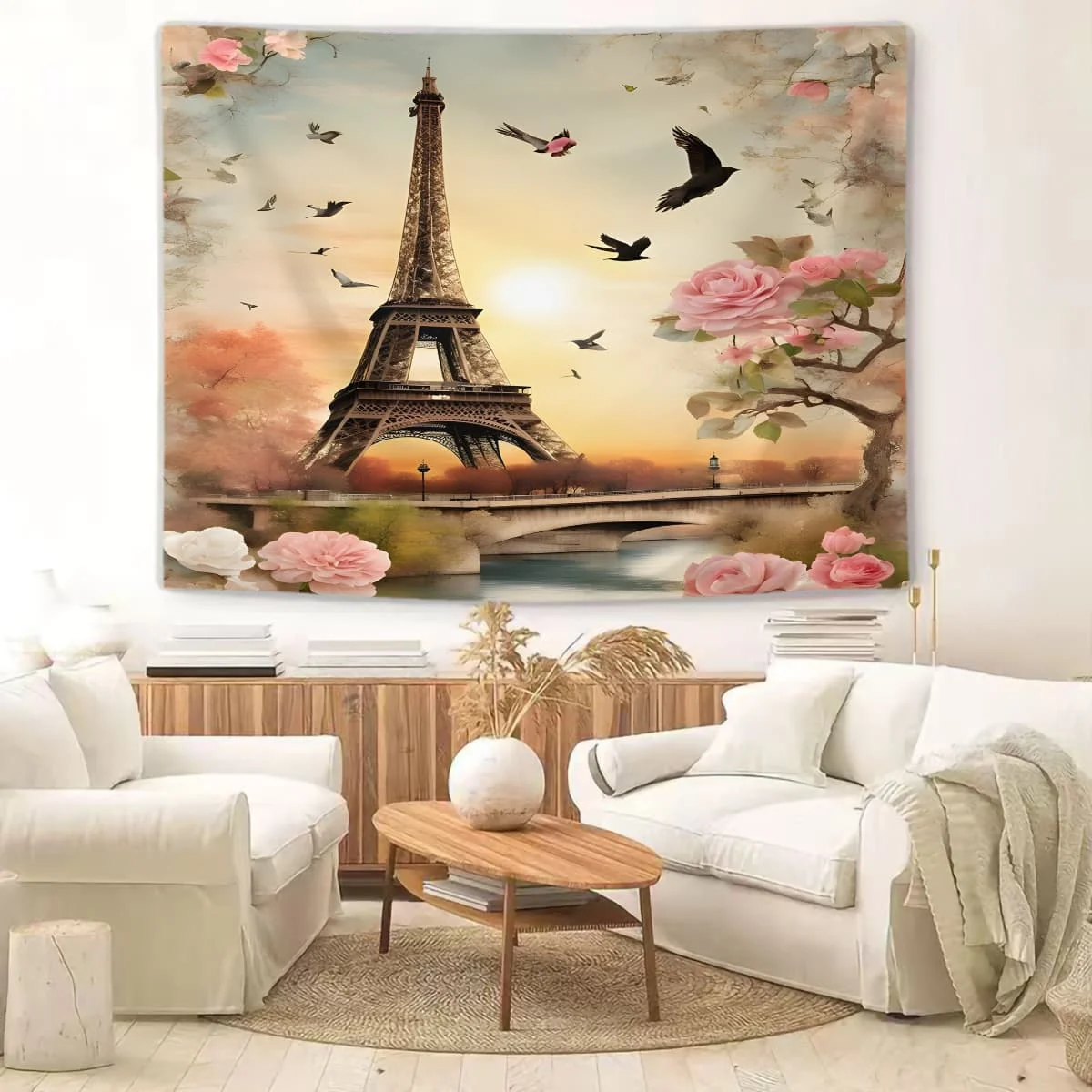 

Гобелен «Розовая вишня и силуэт любви» с Эйфелевой башней: романтический милый стиль, идеально подходит для спален и гостиных, для декора на тему любви