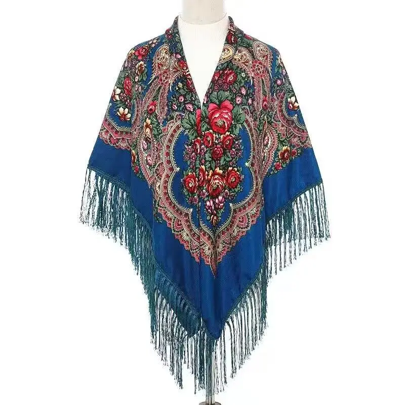 Ukrainian Embroidery Square Shawls Russian Scarf Babushka Retro Fringed Cotton Bandana Winter Scarf Woman Wrap Hijab Poncho Cape