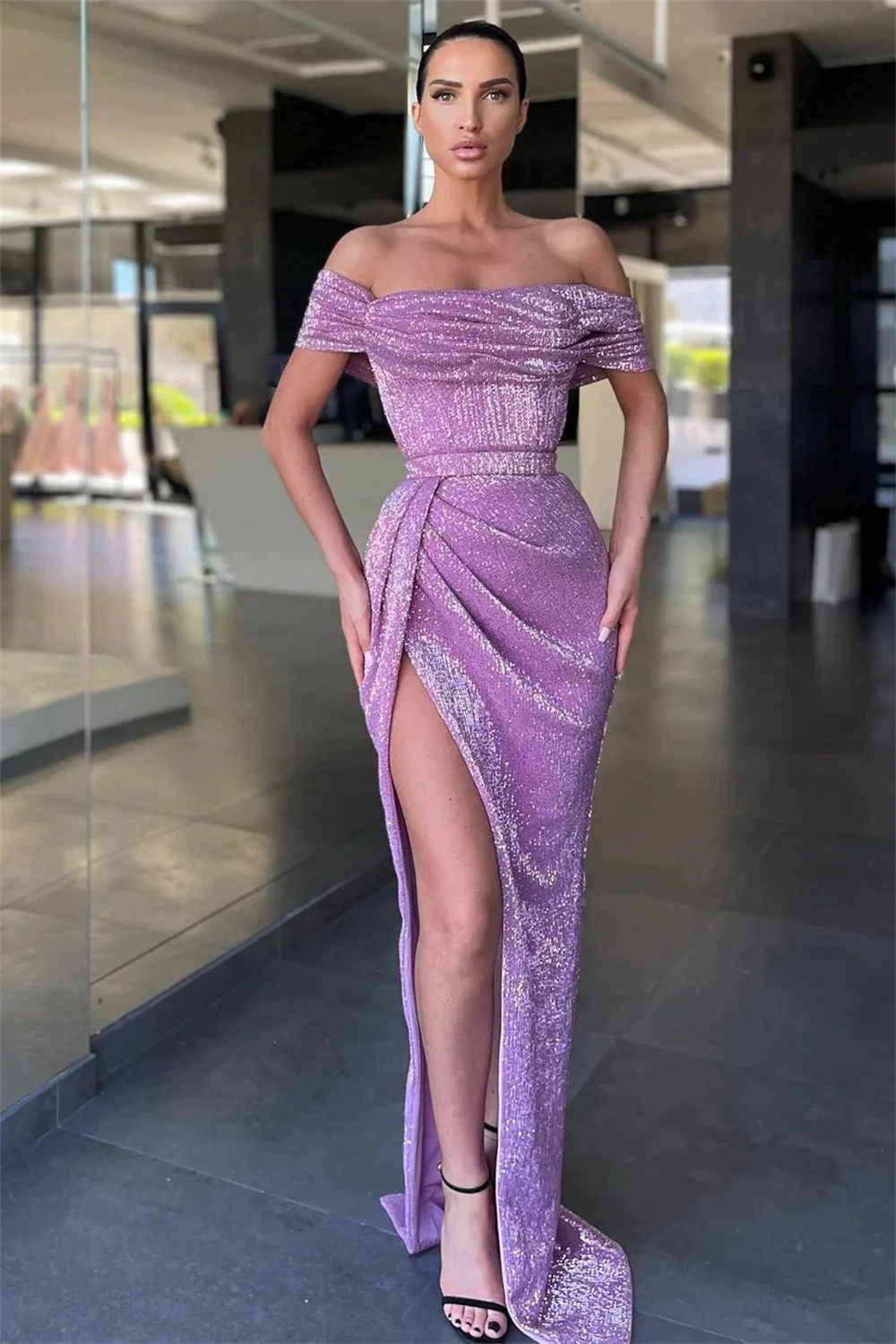 Sansa Lavender Glitter Prom Dresses Off Shoulder Vestidos De Noche Elegant Sleeveless Sexy Side High Split Formal Evening 2024