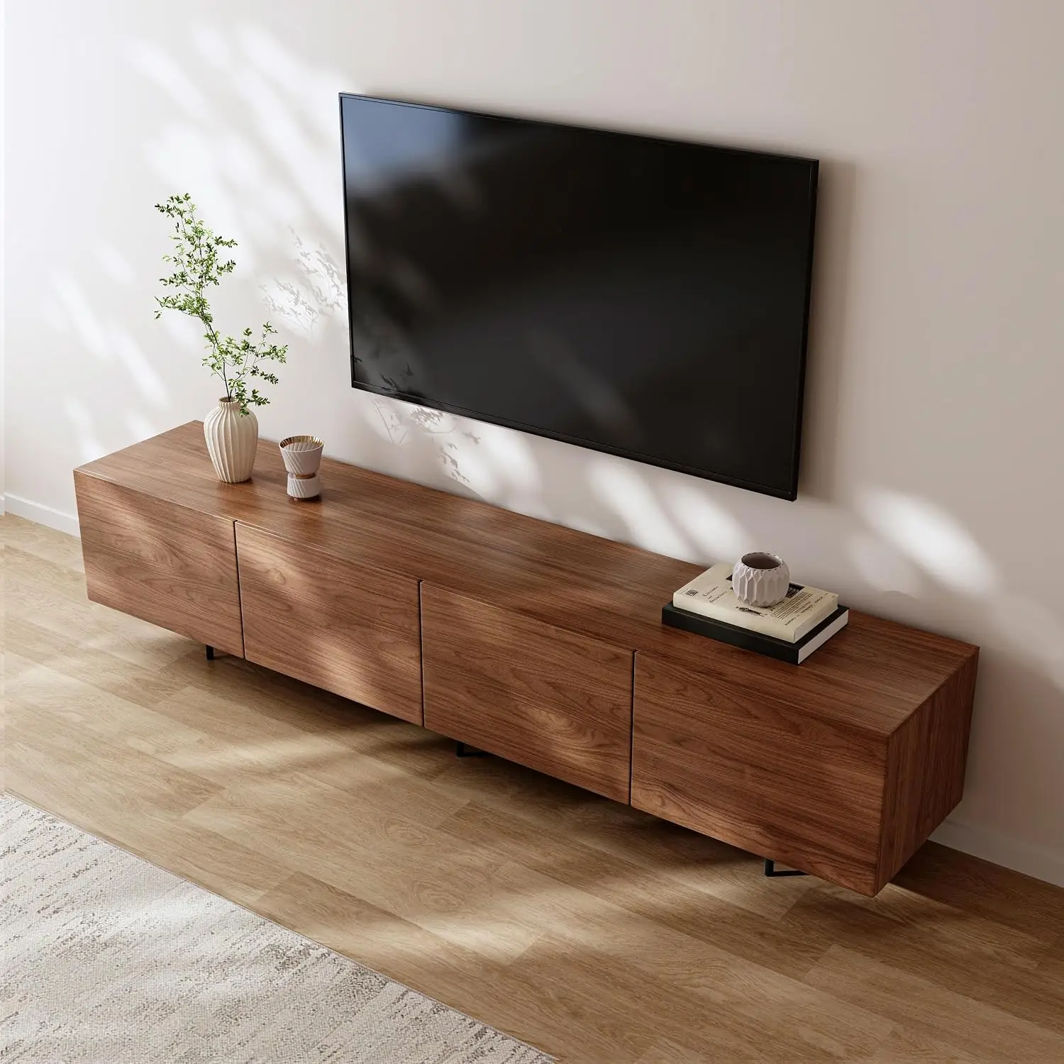 Walnut TV Stand 4-Door Media Console Storage Cable Management Metal Legs Living Room 86.6