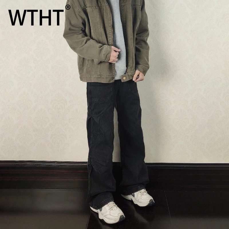 

WTHT модные мужские однотонные лоскутные прямые джинсовые брюки винтаж 2025 осенние широкие джинсы с высокой талией мужские 2A2444