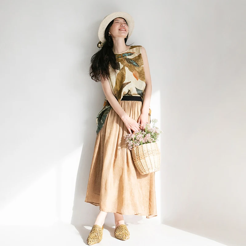 

New Le Collection Summer Floral Print round Ne Vest Belted Cone ape Versatile Wear Women's Polyester Vest Mid-Length