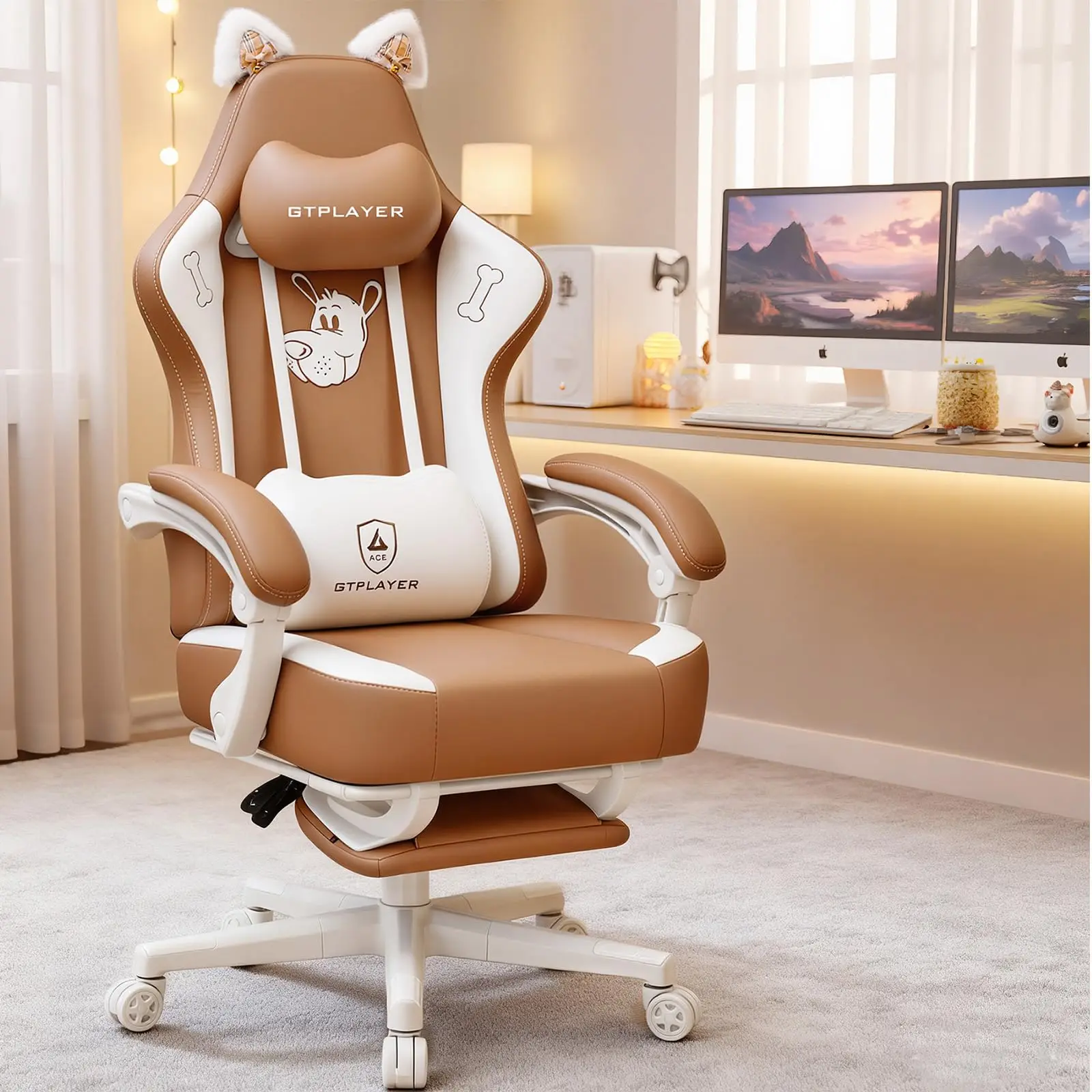 Gaming Chair Cute with Cat Ears Ergonomic Computer Chair with Dog Embroidery Adjustable Memory Foam Lumbar Support and