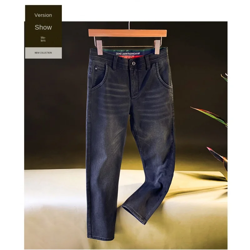 جينز رجالي باللون الأسود والرمادي للخريف عالي الجودة مغسول بأرجل مستقيمة غير رسمية النسخة الكورية سراويل مرنة صغيرة مستقيمة الساق