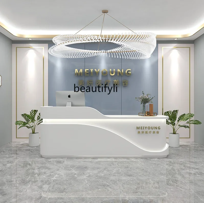 Light Luxury Front Desk Cashier Clothing Store Custom Hair Salon Reception Desk Paint Arc Commercial Beauty Salon Bar Counter