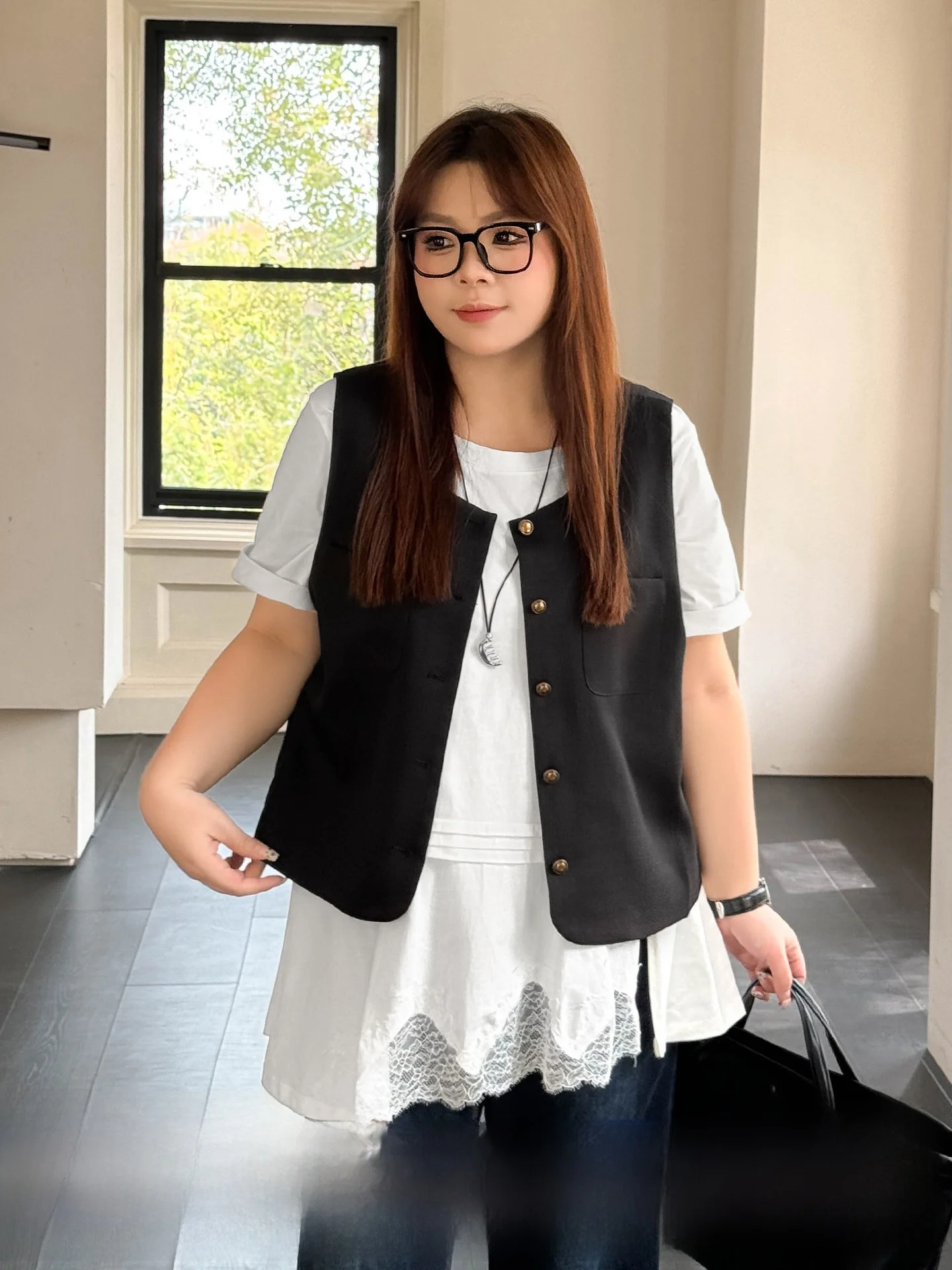 

plus Size Women's Korean Style Slimming T-Shirt Set Loose Fit Layering High Waist Vintage Cotton Polyester Blend Cardigan