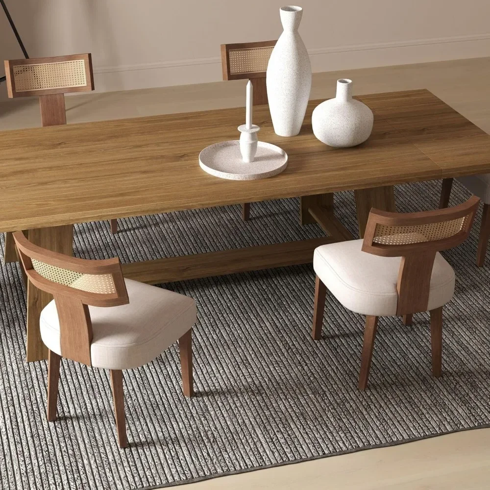 

Farmhouse Dining Chairs Set of 4, Mid Century Modern Linen Upholstered Rattan Dining Chair with Natural Hardwood Legs