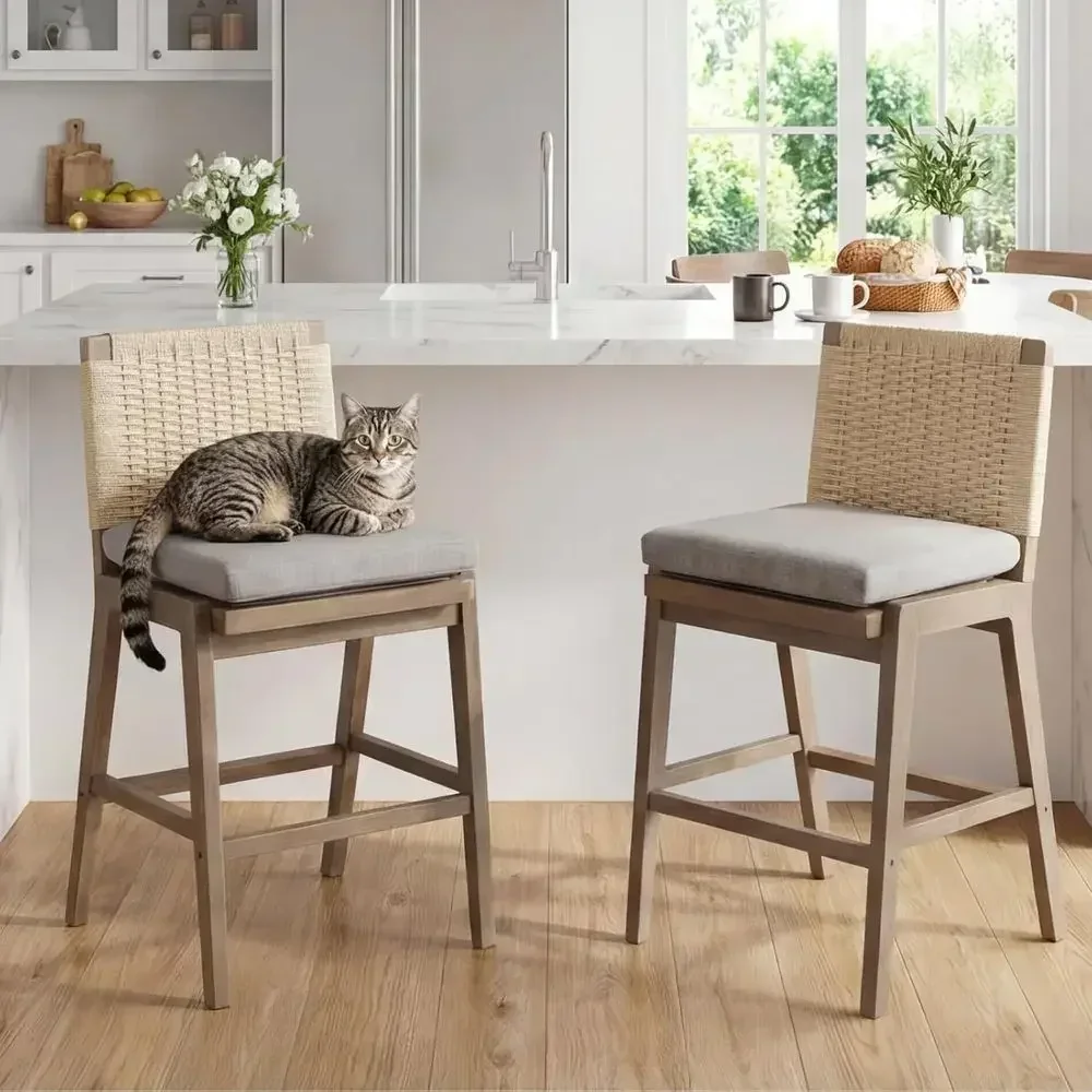 Set of 2 27 Grey Rattan Linen Upholstered Counter Height Barstools with Back and Solid Wood Legs