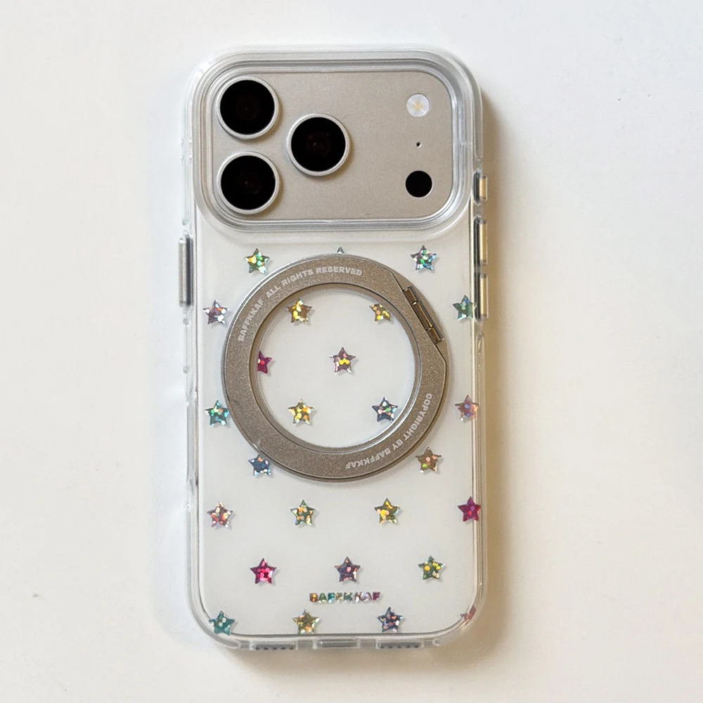 

Cute Glitter Shiny Stars 360° Rotate Stand Folding Magnetic Clear Phone Case for iPhone 14 16 15 17 Pro Max 13 Shockproof Cover