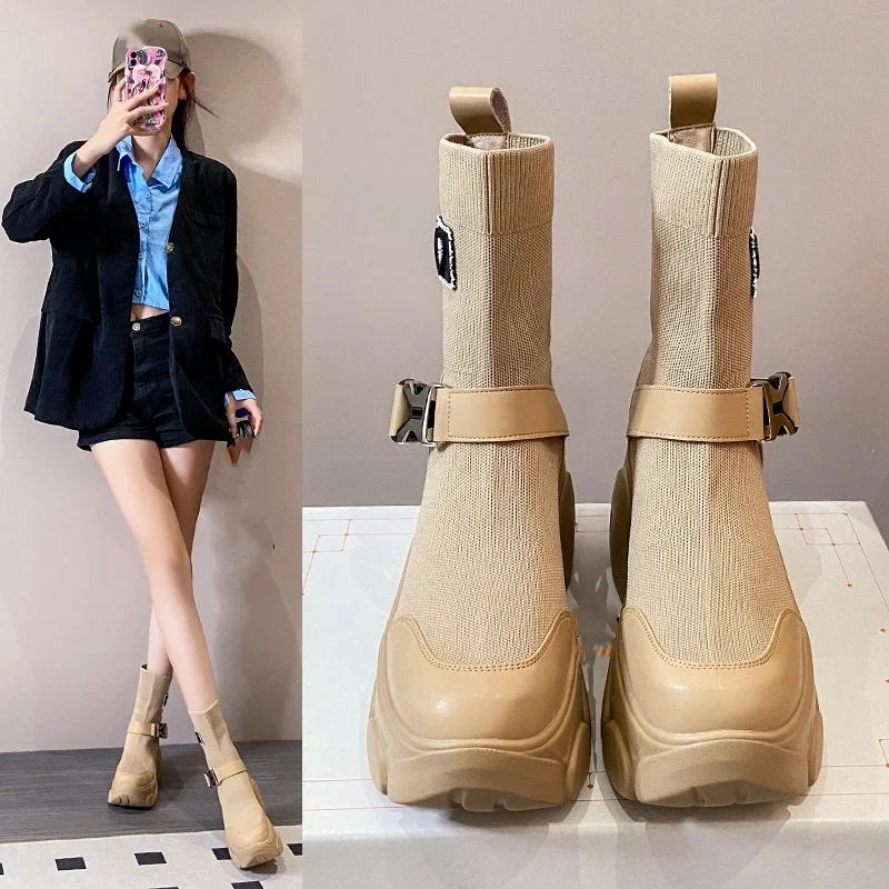 Ladies Platform Mid Boots Autumn and Winter High-sole Breathable Slip-on Knitted Elastic High-heeled Boots for Women 2024