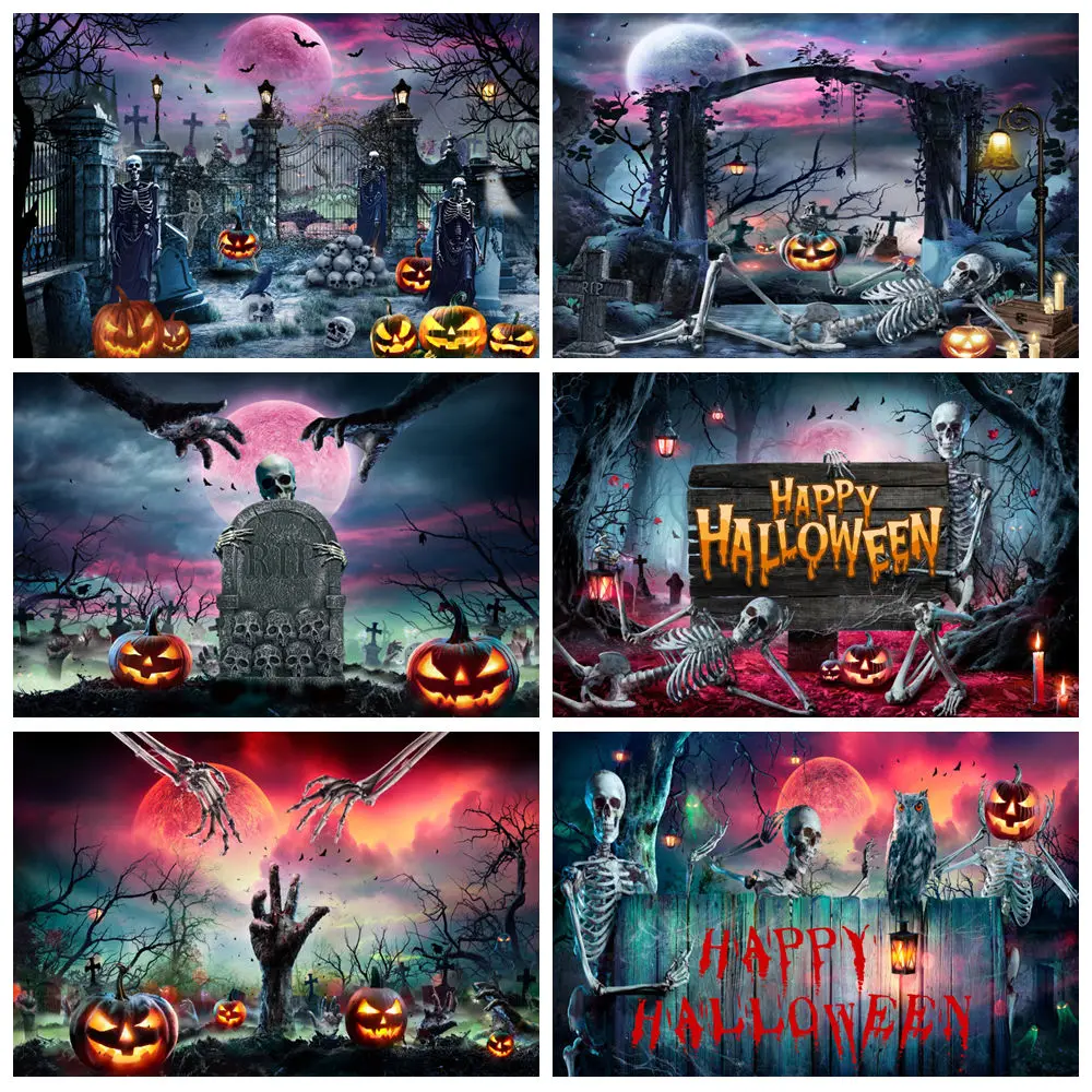 

Halloween Photography Backdrop Scary Full Moon Night Forest Cemetery Skull Pumpkin Horror Spooky Bat Kids Party Photo Background