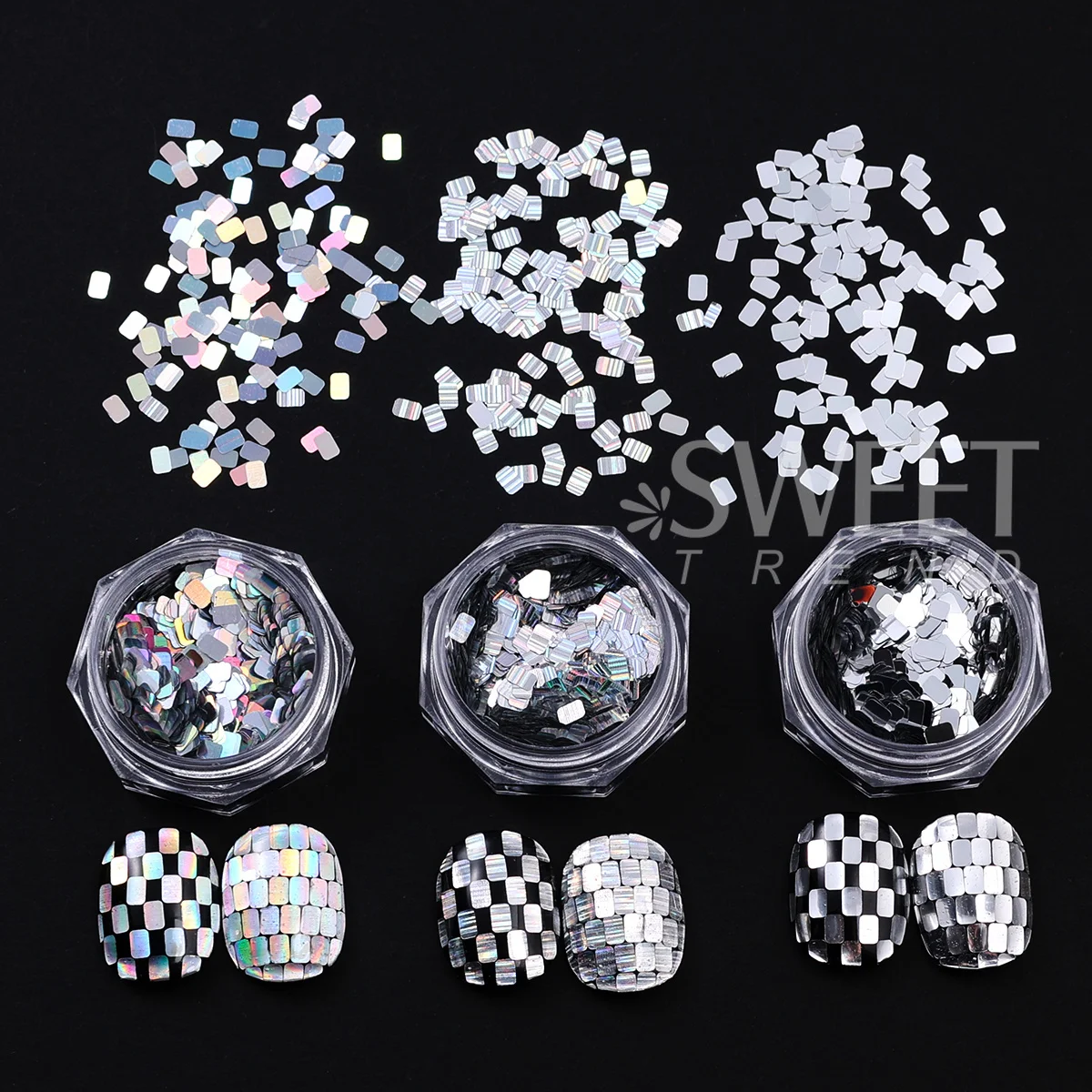 3pcs Holographic Square Nail Art Sequins Mirror Silvery Chunky Glitter Flakes DIY Charm Party Sparkly Nail Decoration Paillettes