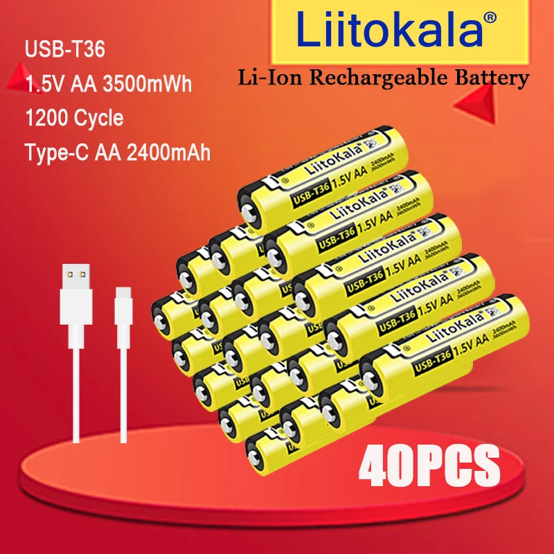 40pcs LiitoKala Type-C 18650 3500MAH 3.7V Li-ion Battery for Flashlight Toys Drones Power Tools Power Balancer Portable Fan