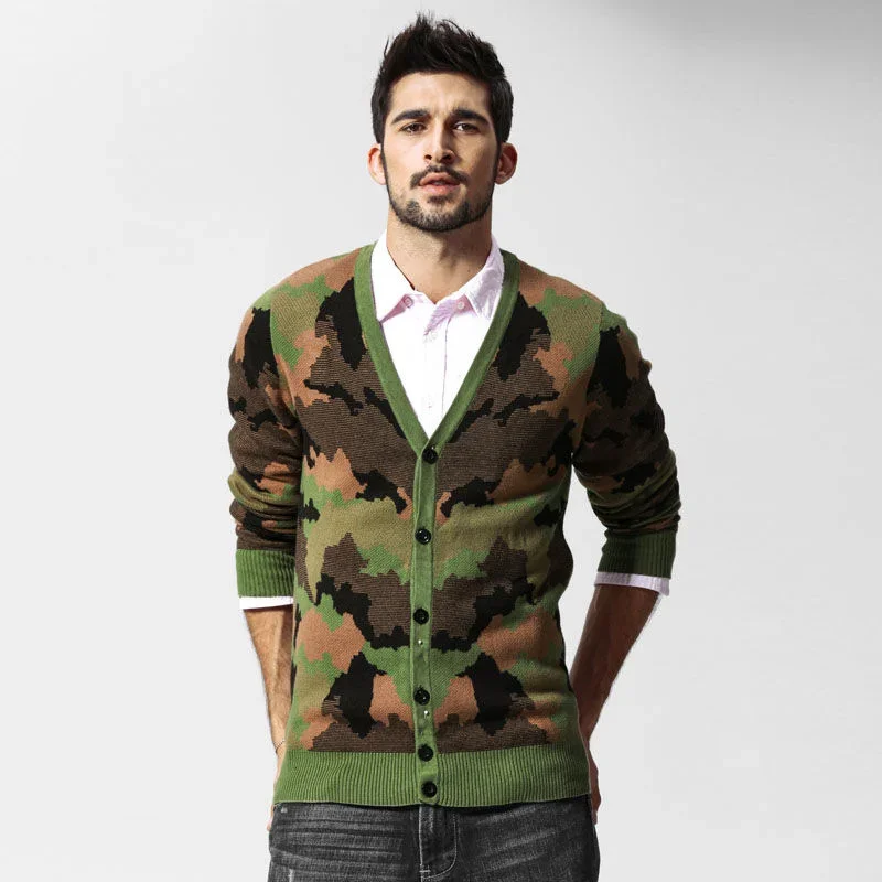 

Single Breasted Cotton Camouflage Sweater V-neck Knitted Cardigan Spring Autumn Casual British Style Thin Coats Plus Size 5XL