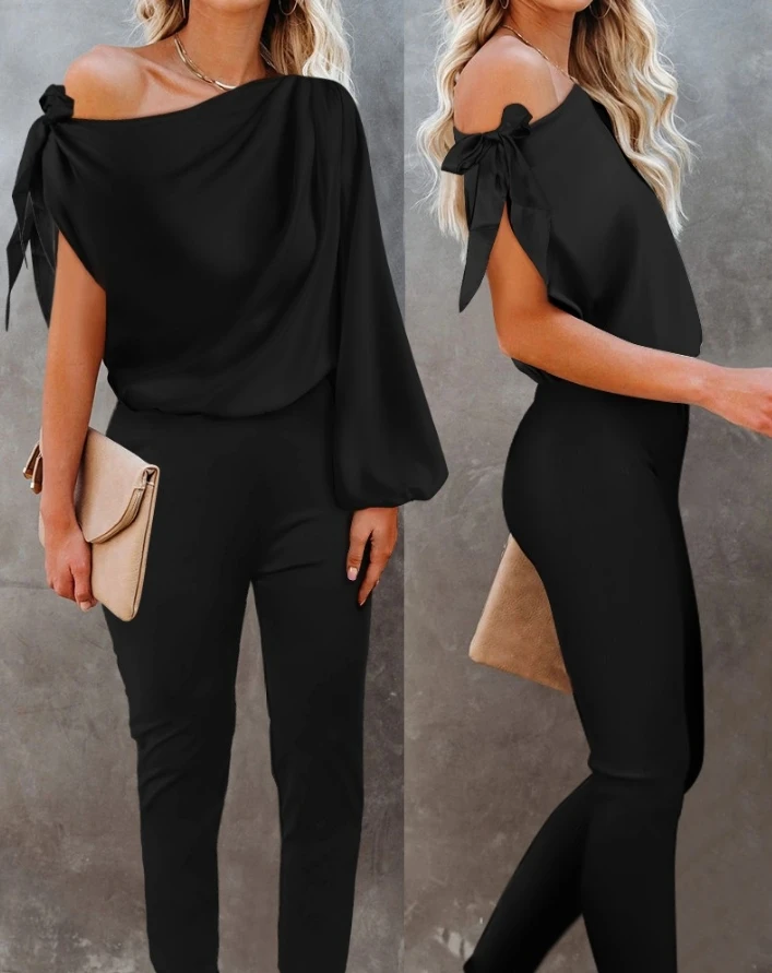 Casual Rompers for Women 2024 Spring Black One Shoulder Lantern Sleeve Loose Asymmetrical Neck Tied Detail Skinny Leg Jumpsuit