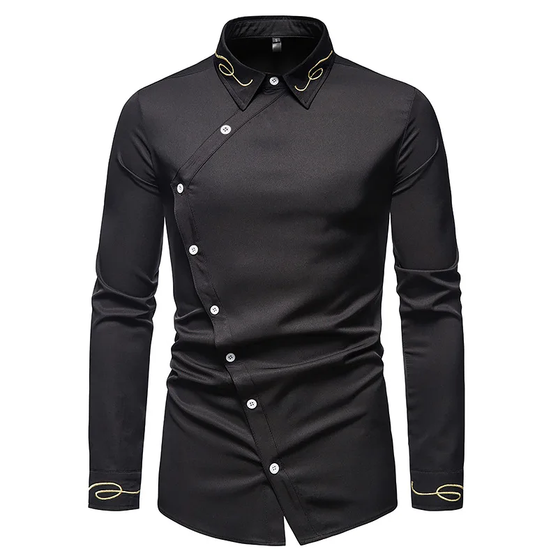 Spring New Men\'s Trendy Embroidery Asymmetric Solid Color Casual Slim Fit Comfortable Long Sleeved Shirt Western Denim Shirt Top