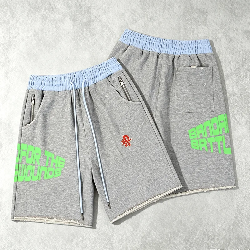 New Arrival Rough Play Fashion Washed Raw Hem Sweat Shorts Unisex Embroidery Logo Letter Print Street Casual Shorts