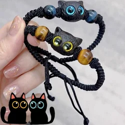 1/2pcs Cute Natural Stone Black Cat Bracelet Women Men Fashion Cartoon Animal Beaded Bracelets Handmade Fashion Jewelry Gifts