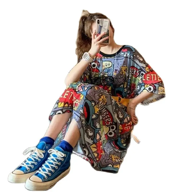 Women Dresses Summer Long Over Knee Cartoon Korean Dresses for Women 2024 Personalized Fashion Casual Loose Size Home Furnishing