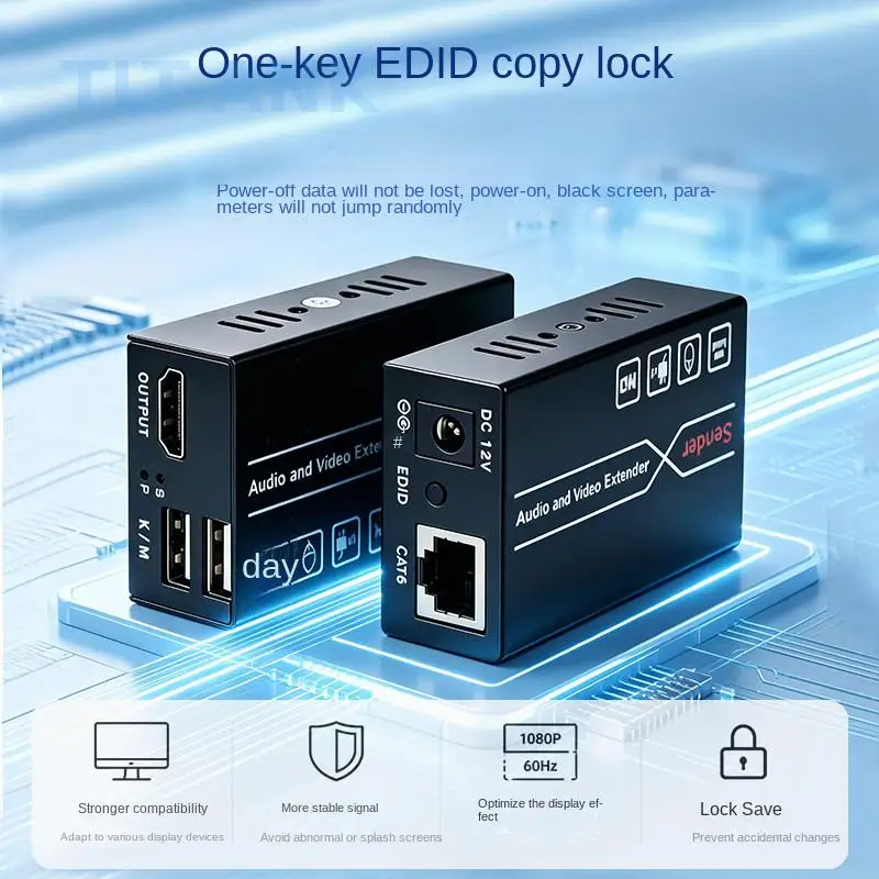 HDMI Over IP Extender with KVM Function, Supports USB Keyboard & Mouse, HD Audio Video Network Transmitter Receiver for Surveill
