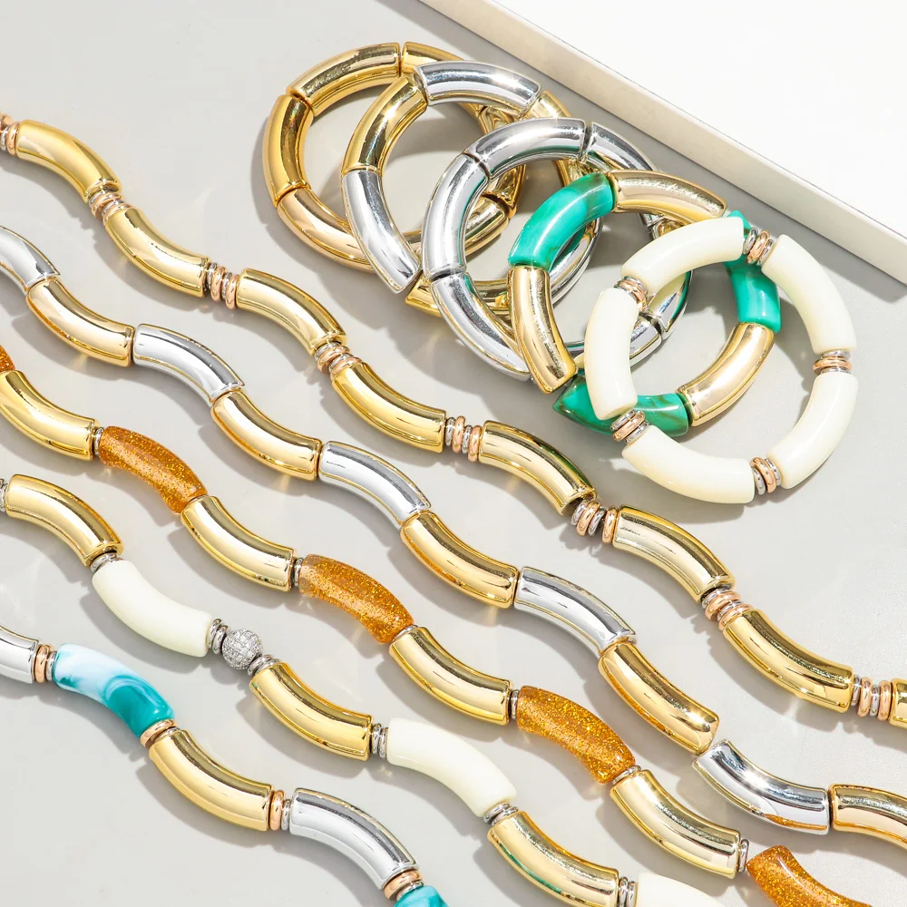 New Bohemia Acrylic Chunky Bamboo Bracelets for Women Boho Resin Elastic Tube Beads Necklace 2024 Fashion Jewelry