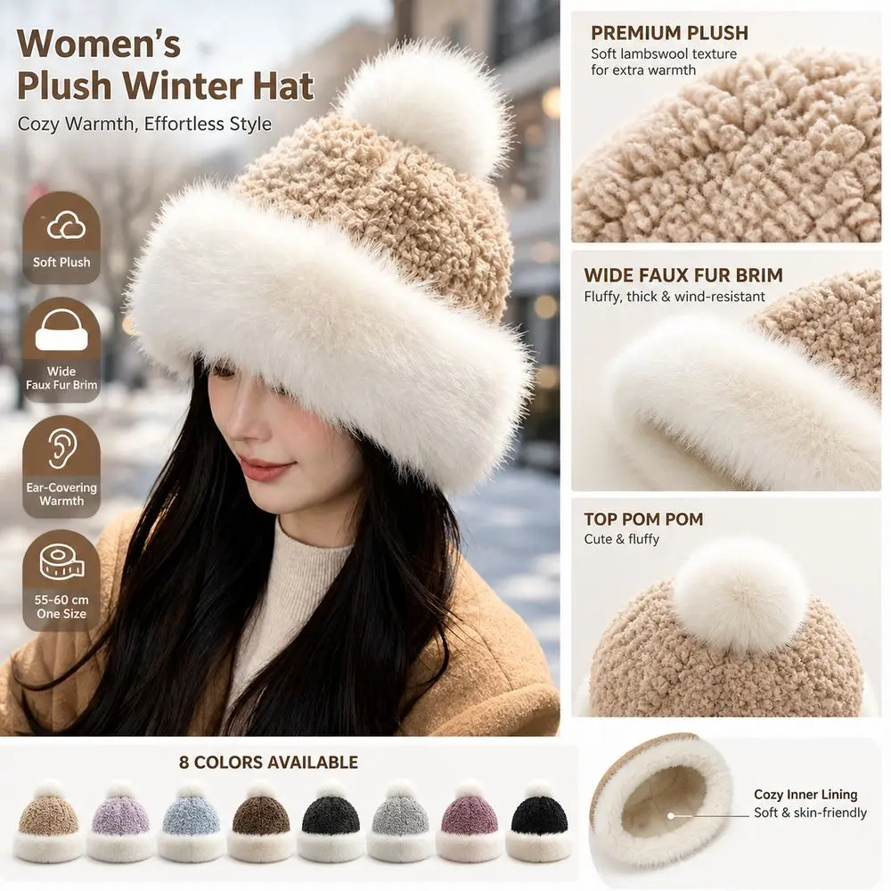 New Faux Lambswool Mongolian Hat Thick Soft Faux Fur Hats Ear Covering Warm Basin Hats Women