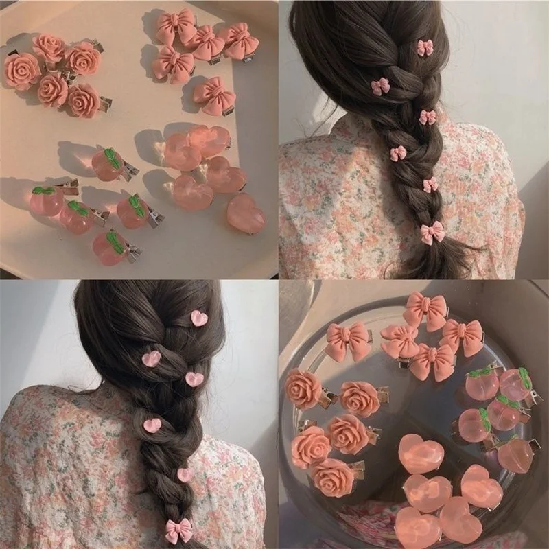 5Pcs Pink Girl Cute Series Honey Peach Rose Flower Hair Clip Hair Card Sweet Wind Camellia Lace Bow Headpiece Hair Accessories