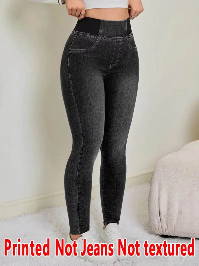Women Printed Leggings Not Denim Fabric, Fake Pocket & Button Print Design Pants, High Elastic Fashion Slim Fit Skinny Casual