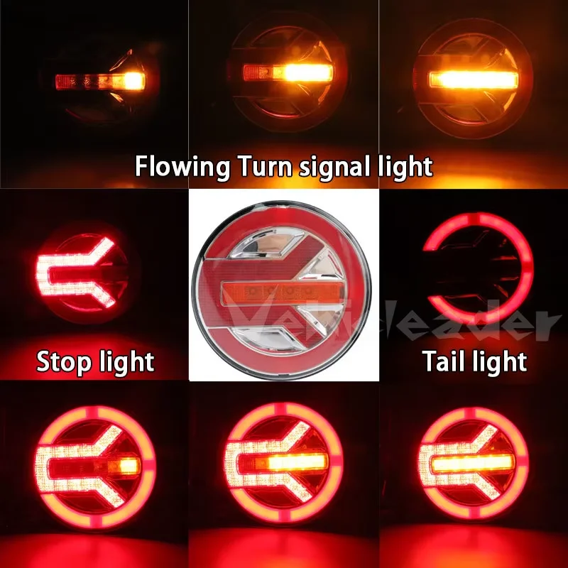Truck Round LED Tail Light DRL Rear Brake Light Dynamic Turn Signal Lamp For Car Tractor Trailer Bus Van RV Pickup 4x4 12V 24V