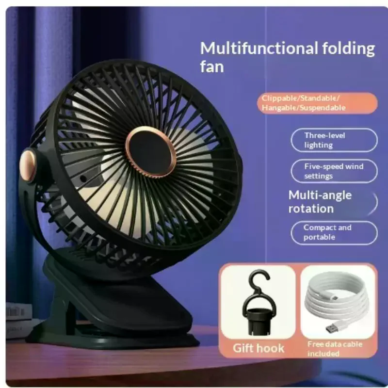 Portable Multifunctional Folding Clip Fan 5 Wind Speeds 3 Level Lighting Home Desk Office Camping